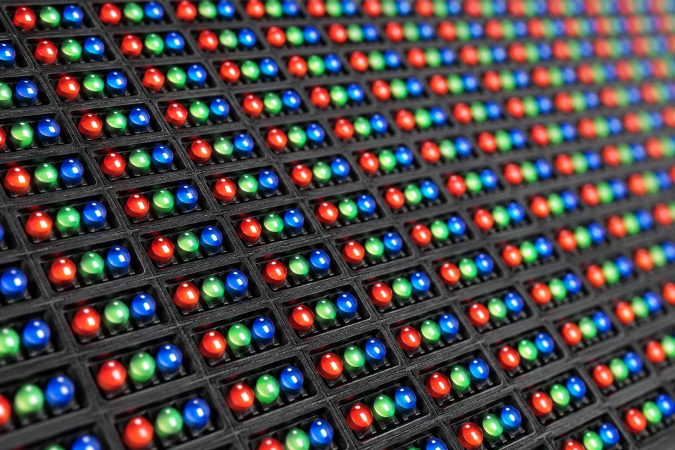 Close view of red green and blue LED pixels