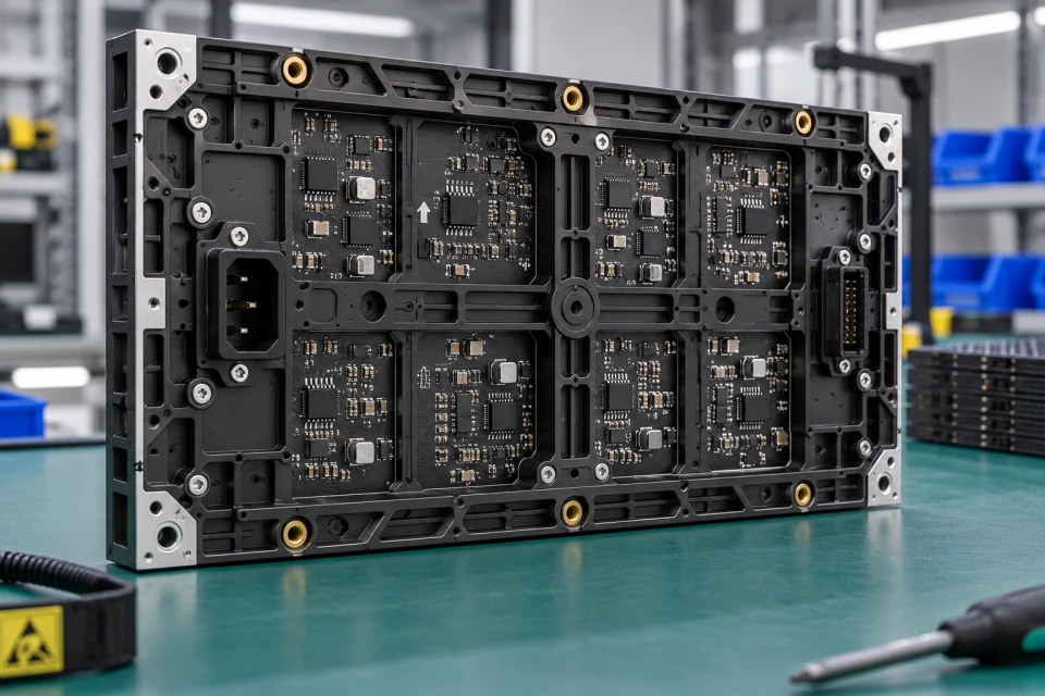 LED module rear interface and pixel face being compared at a service bench