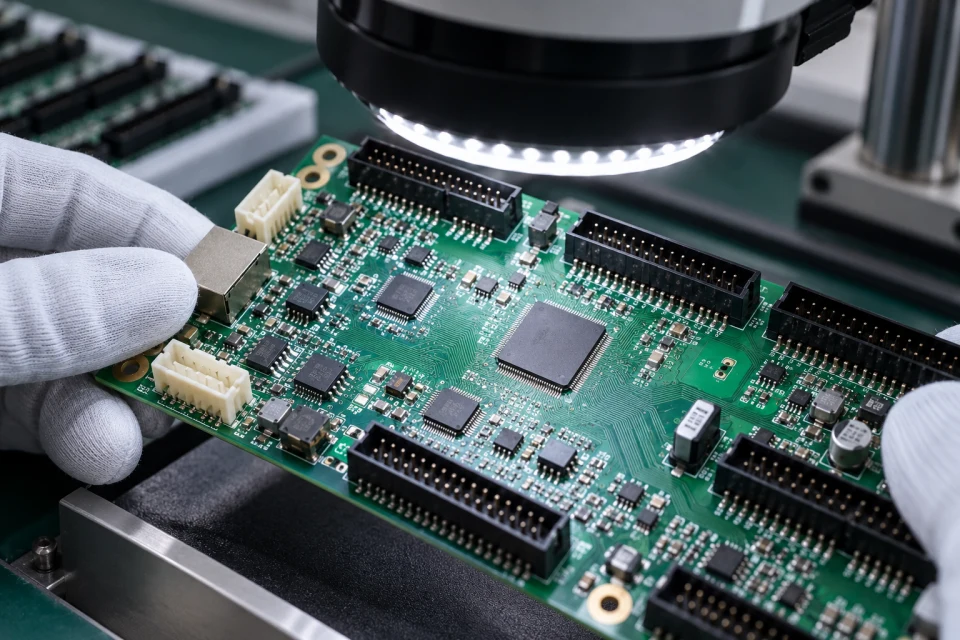 Technician inspecting receiving card connectors