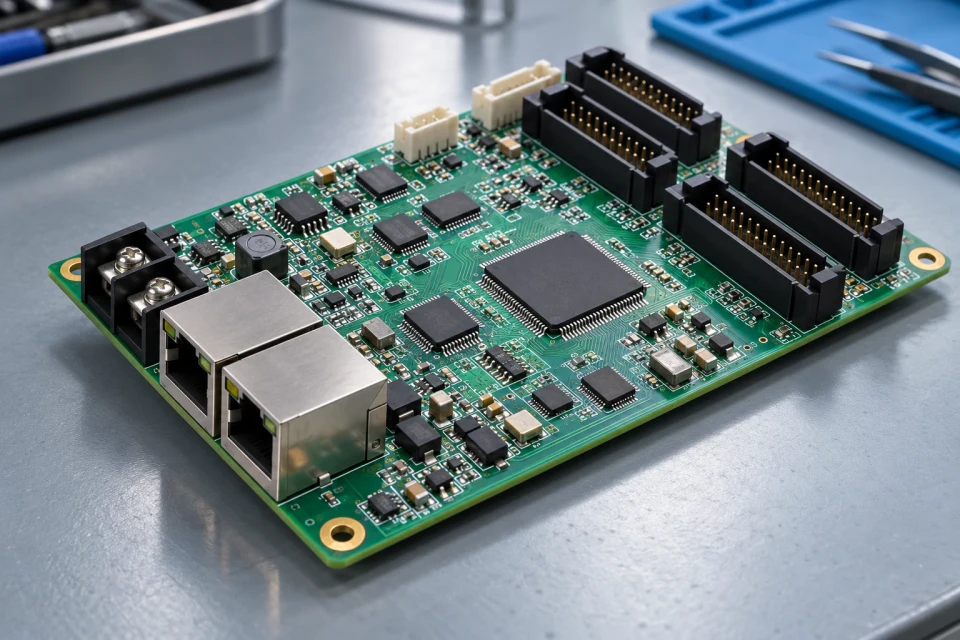 Receiving card PCB with Ethernet input and ribbon output headers
