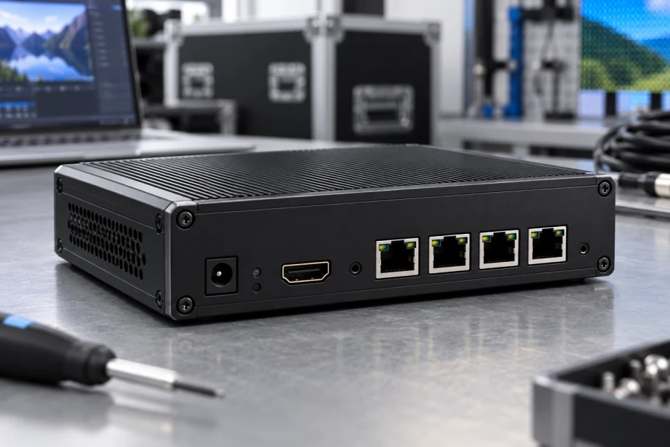 Sending box rear panel with video input and Ethernet output ports