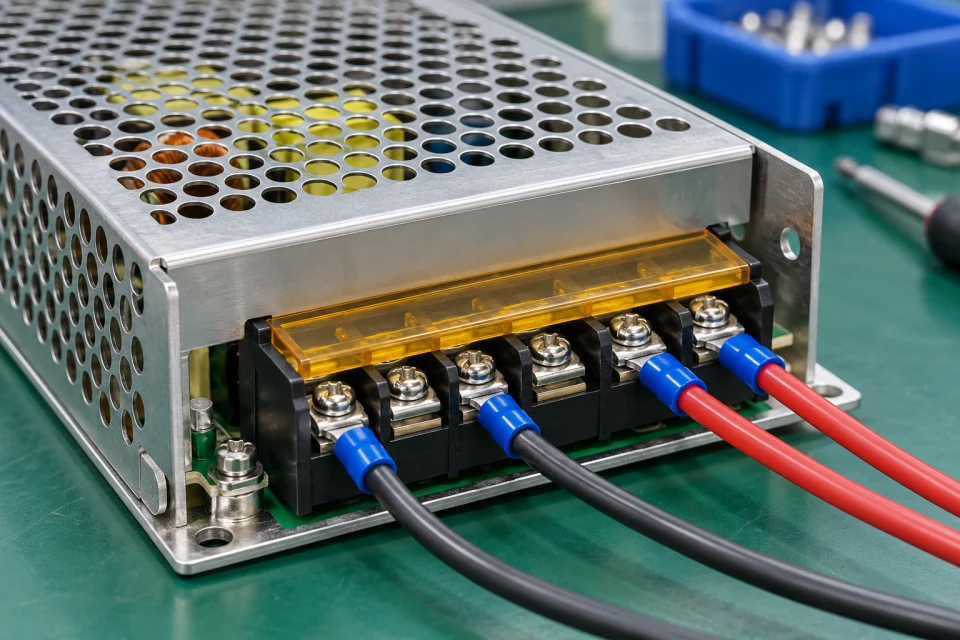Close-up of LED power supply output terminals