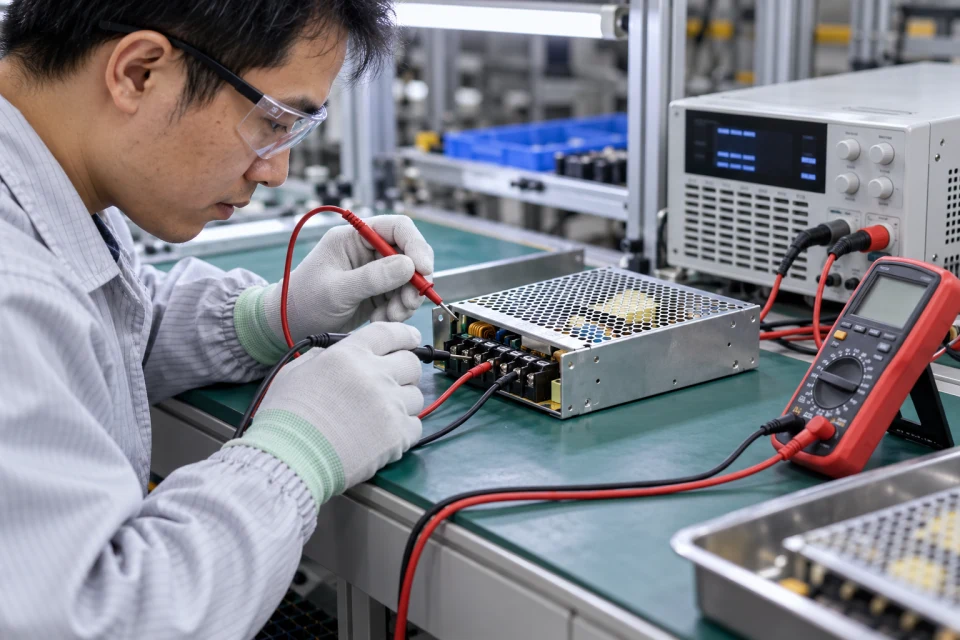 Technician measuring LED power supply output