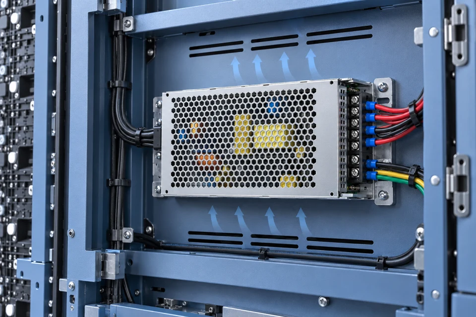 Switching power supply mounted inside an LED cabinet