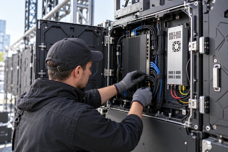 Technician examining the rear of an LED cabinet