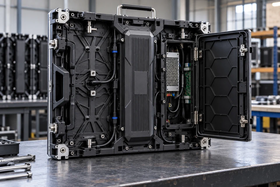 Open LED cabinet showing the module and internal electronics