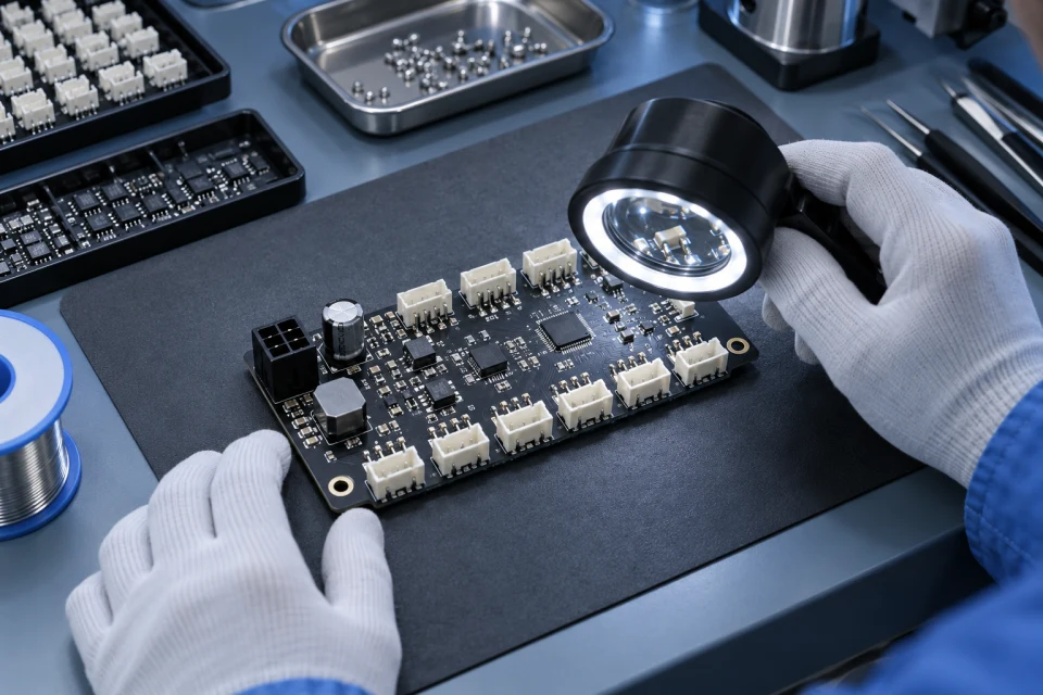 HUB adapter board inspected at an electronics bench