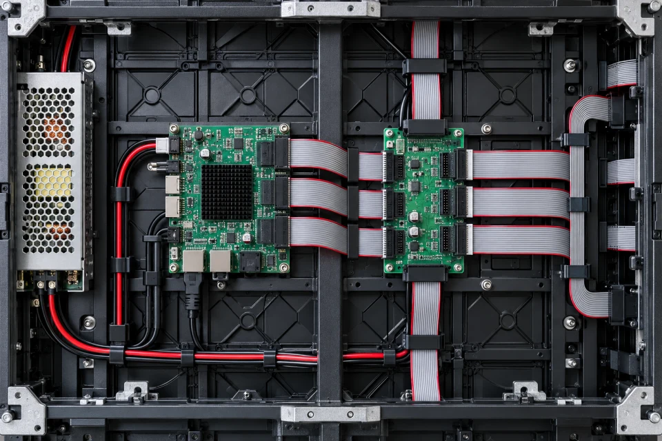 HUB boards and ribbon wiring installed in an LED cabinet