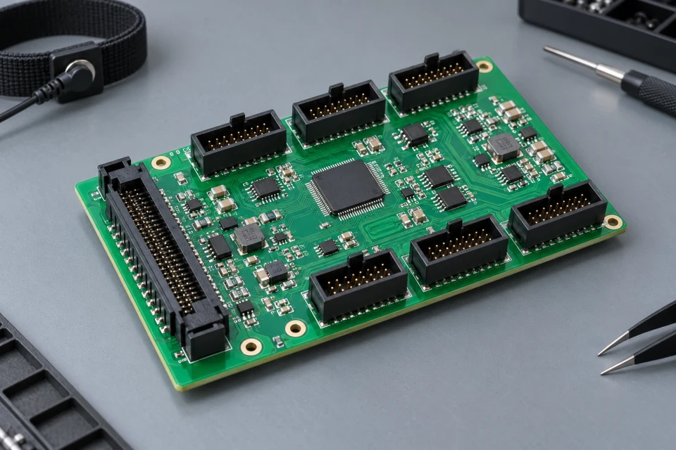 HUB adapter PCB showing multiple keyed ribbon headers
