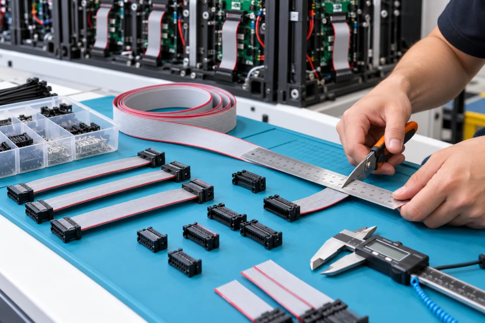 Installers checking signal cable route at an LED display