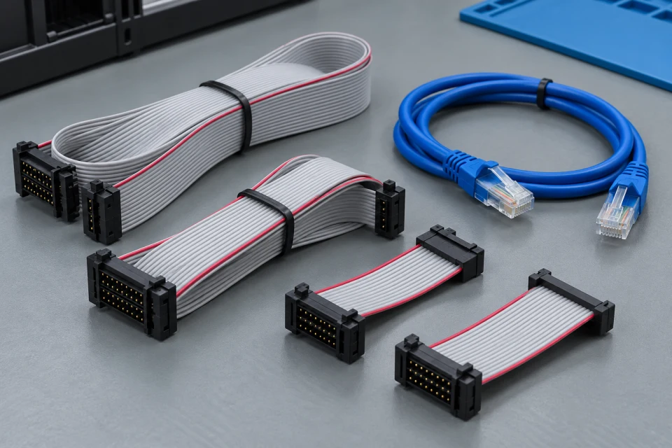 LED display ribbon and Ethernet signal cables arranged on a bench