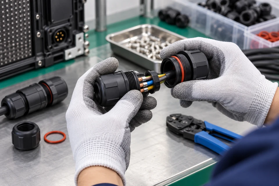 Technician assembling a sealed power connector
