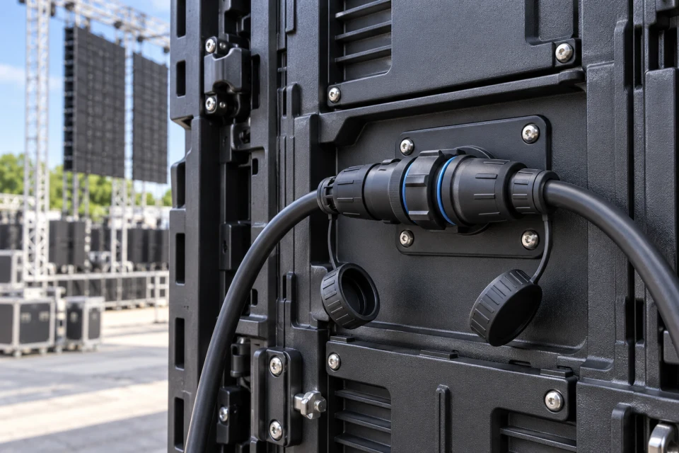 Waterproof power connectors installed on an outdoor LED cabinet