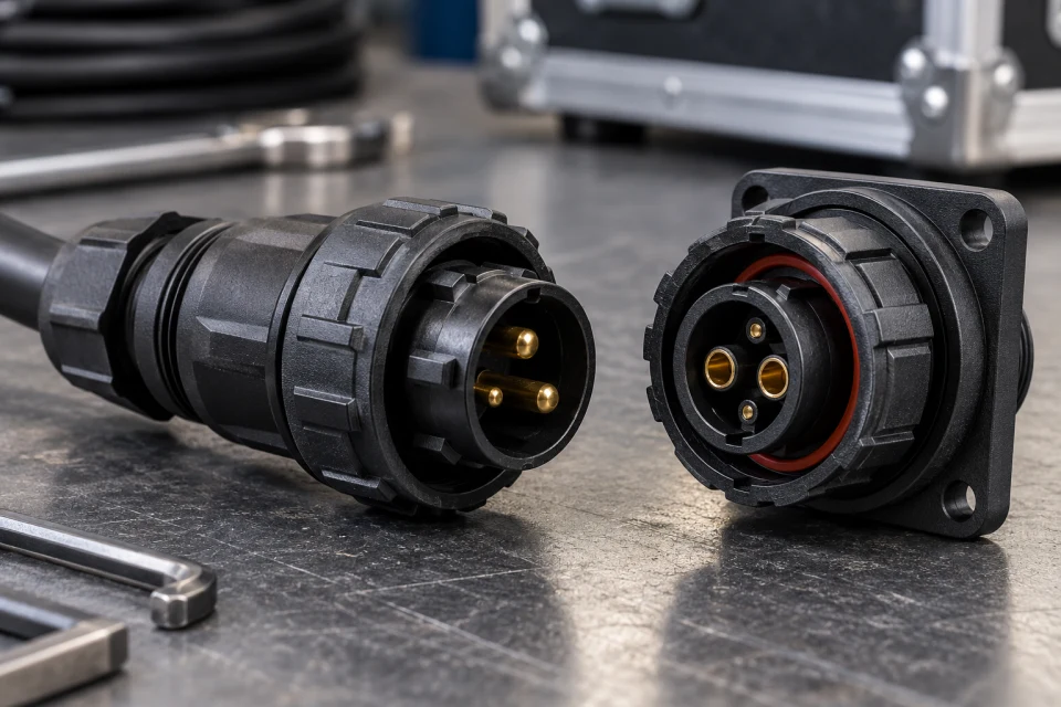 Mating waterproof circular LED cabinet power connector pair