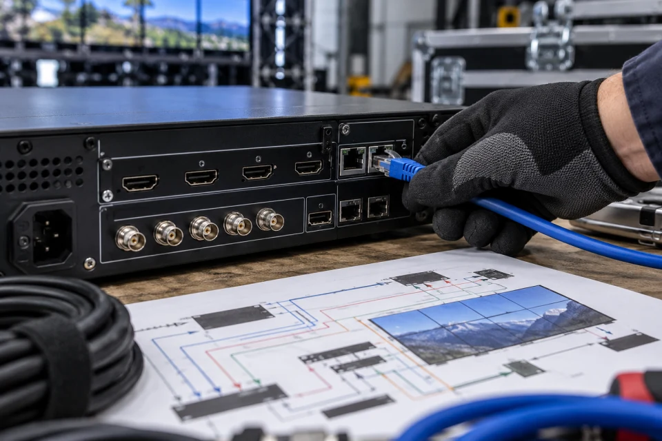 Technician reviewing LED processor output connections