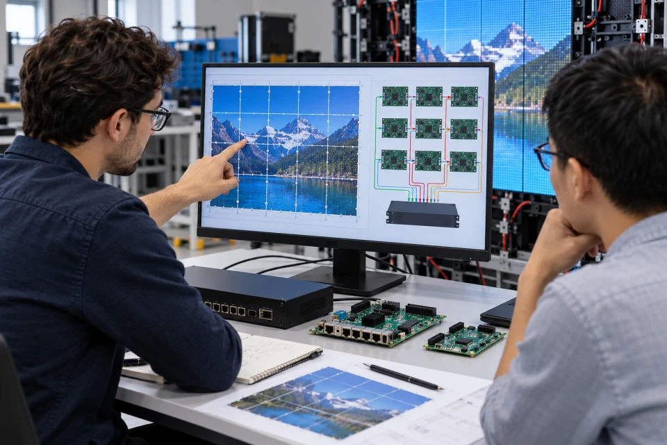 Engineers discussing LED display control configuration