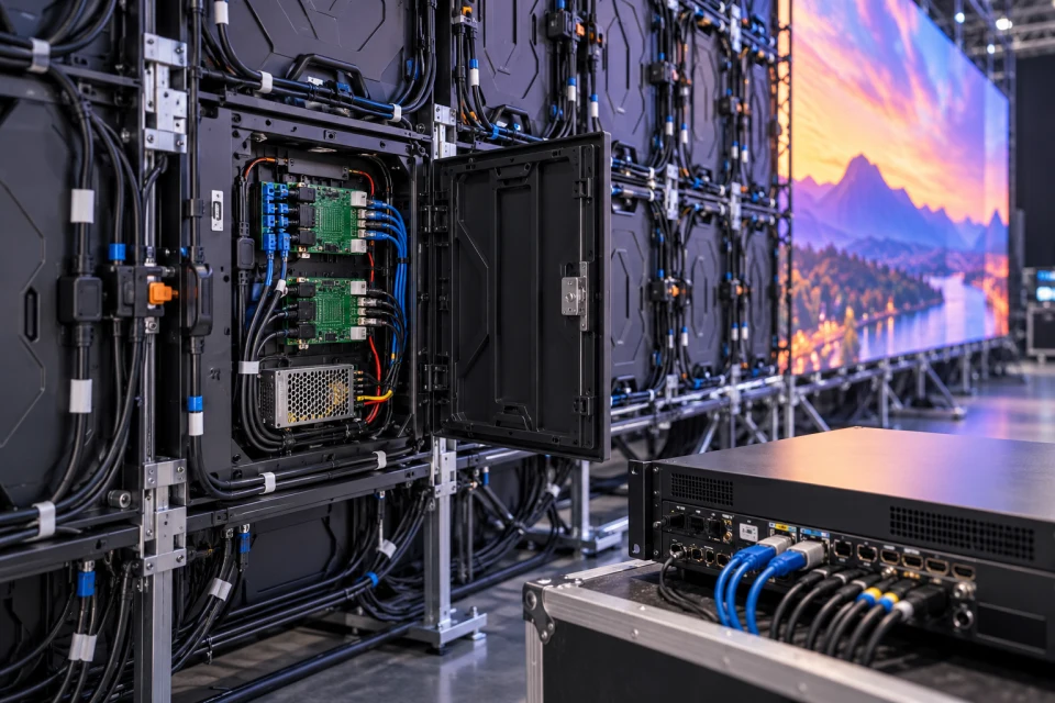 LED wall cabinet opened for control system service